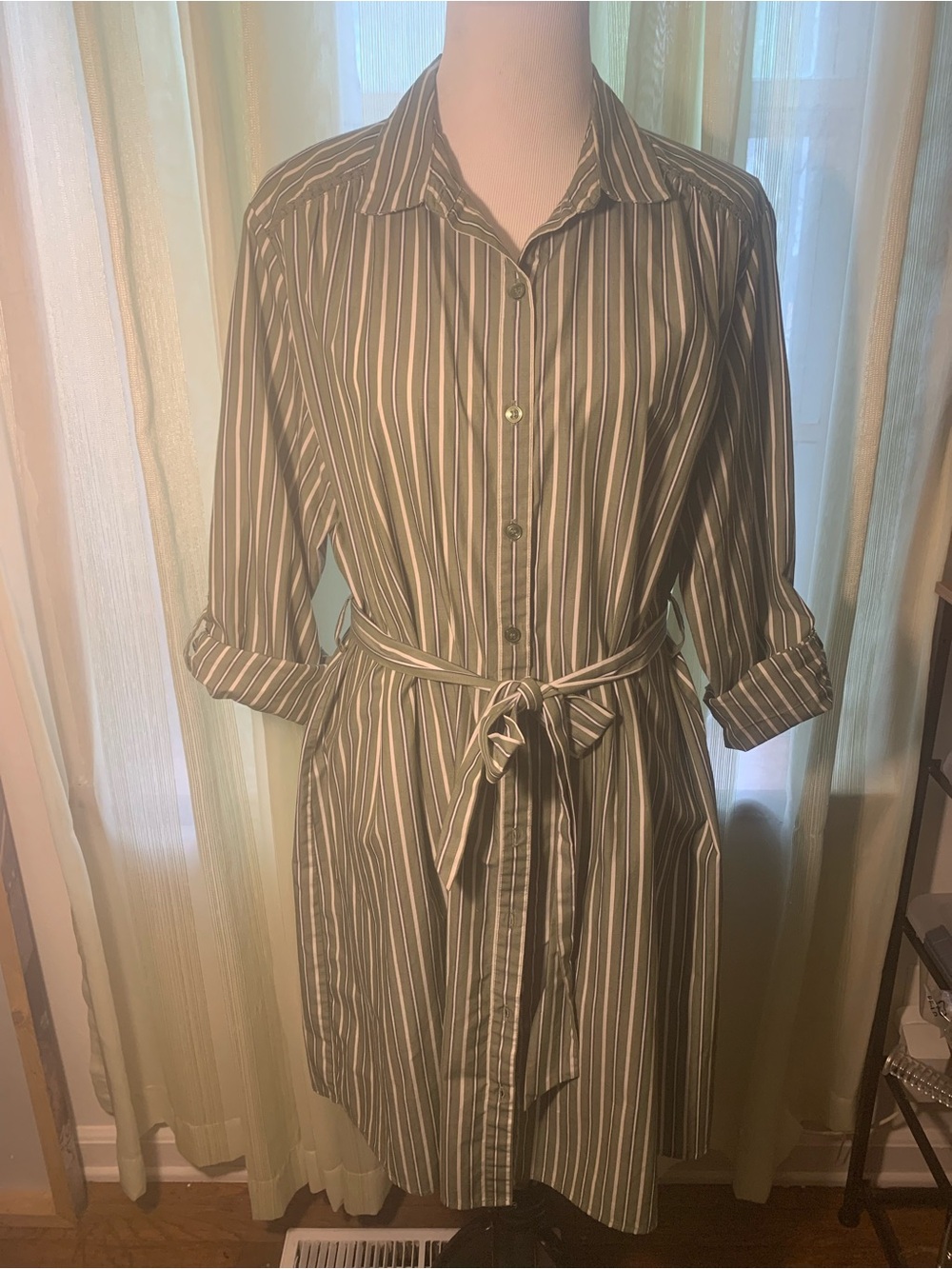 Time and Tru Olive and White Striped Button-Front Midi Shirt Dress